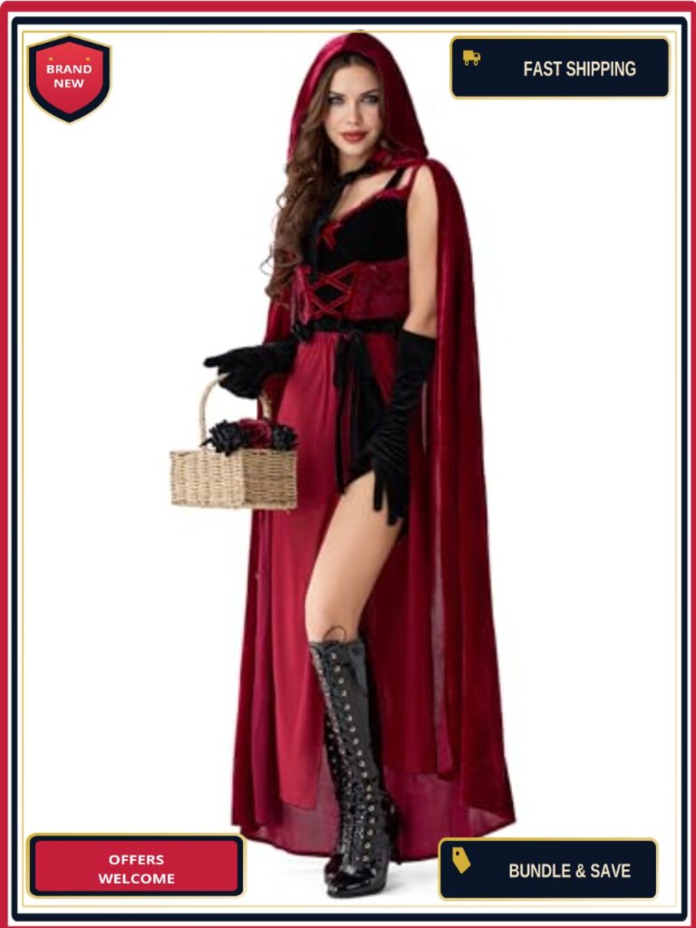 Little Red Riding Hood Costume Set Velvet Dress Hooded Cape Gloves
